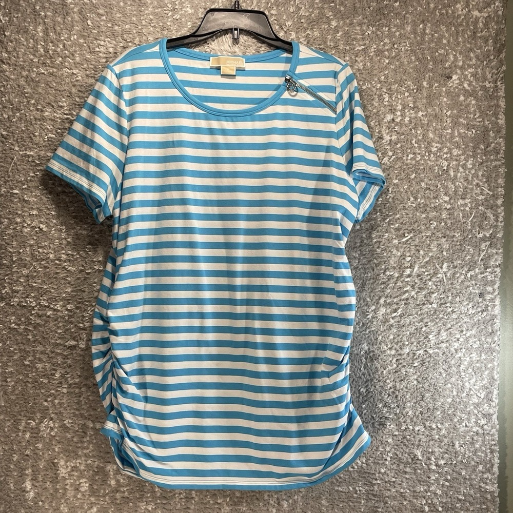 Michael Kors Striped Blouse 2X Blue, White Ruched Logo‎ Preppy Casual